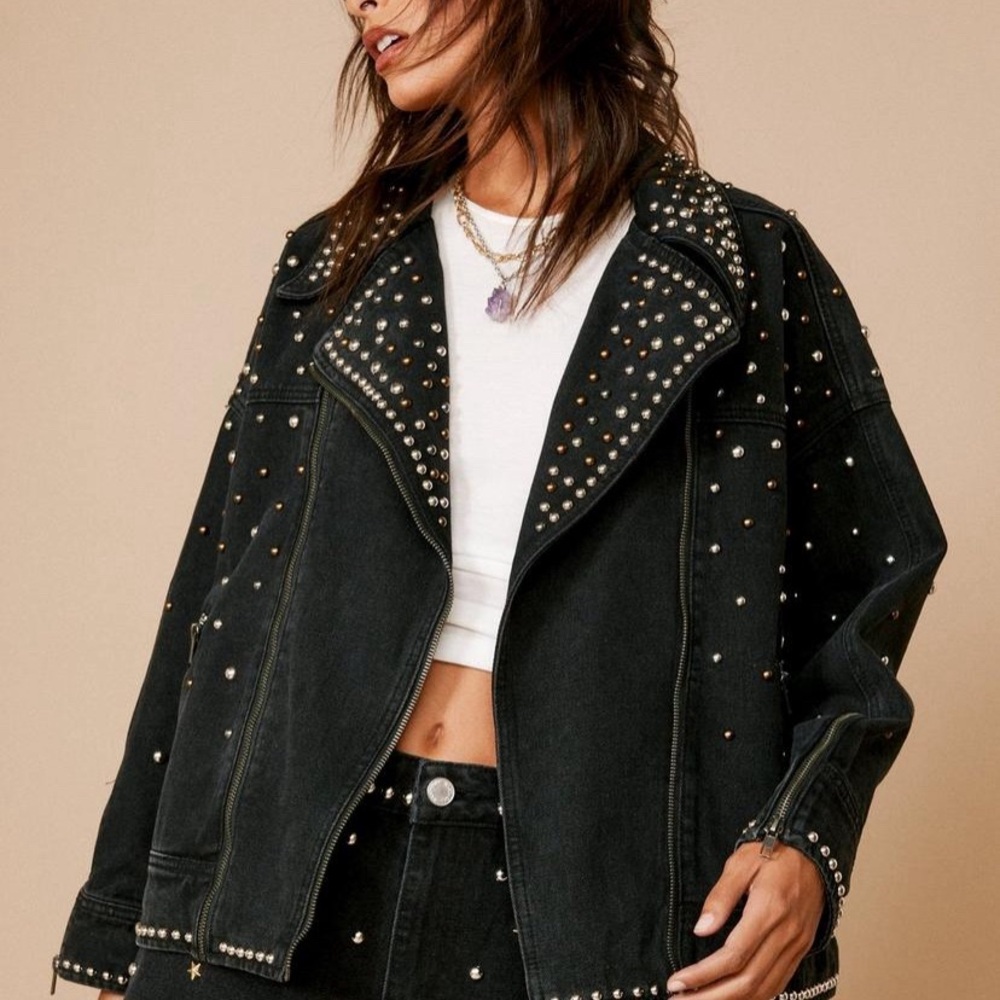 Nasty Gal premium embellished studded denim moto jacket